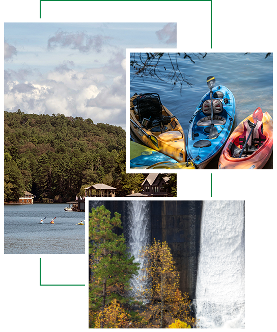 Stacked photos of lake rabun, close up shot of several kayaks tied together, a long shot of the lake with kayakers, and two waterfalls in the trees.